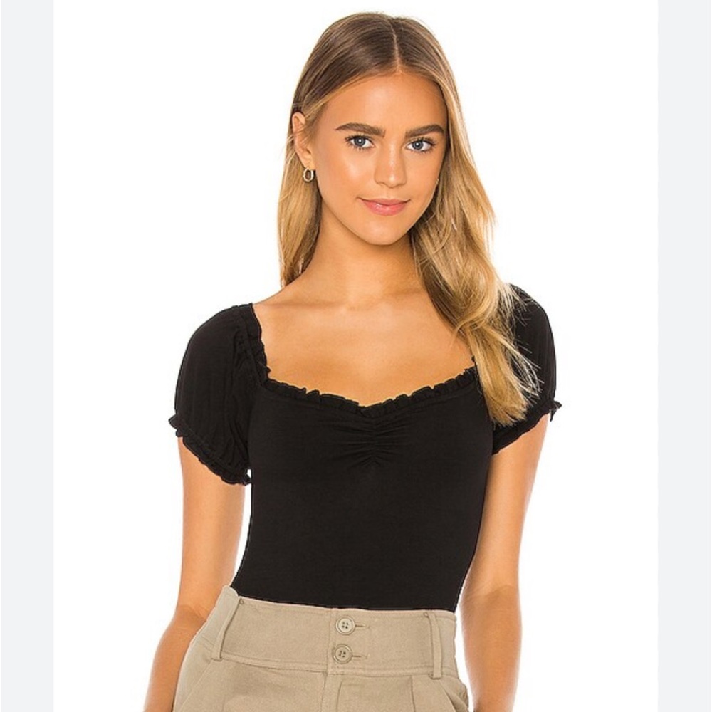 Lovers + Friends Black Square Neck Puff Sleeve Bodysuit